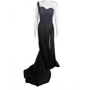 Sz 6 TS Couture Black Glitter One Shoulder Evening Gown Mermaid Train Whimsigoth